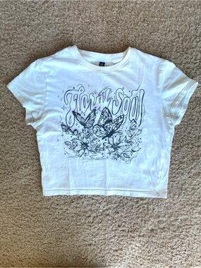 Divided White Butterfly Floral Graphic Crop Top